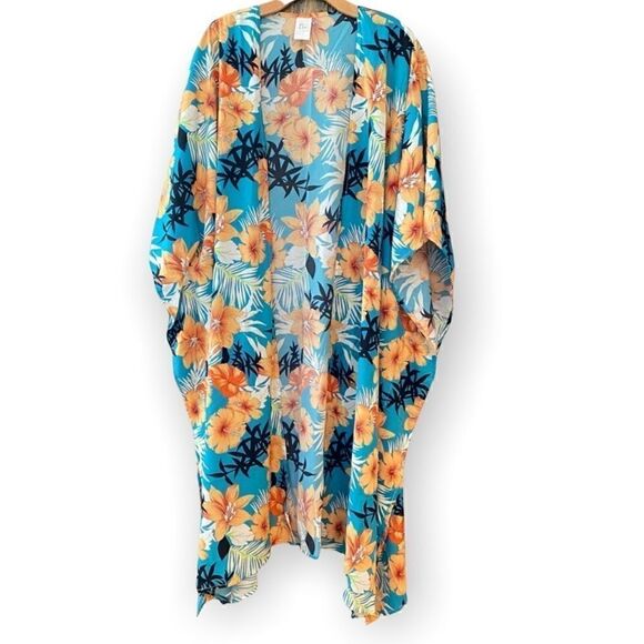 Maxi S Hawaiian Kimono Teal Orange Hibiscus Flowers Oversized Flowy BOHO Vibe - Picture 1 of 11